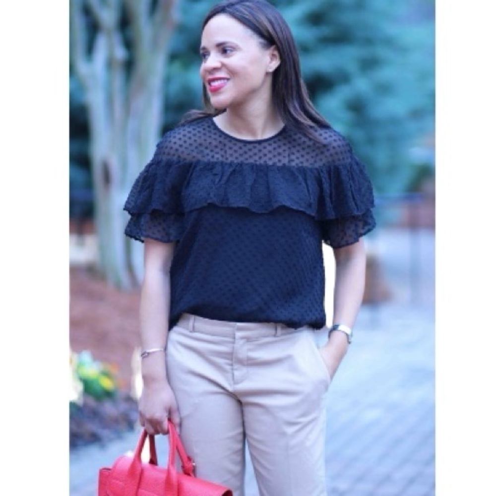 J. Crew Black Edie textured clip dot ruffled short sleeves feminine silk top